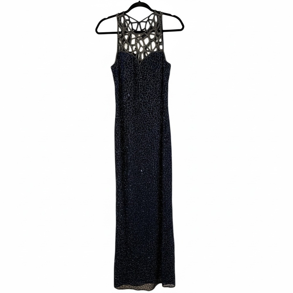 Vintage SCALA Beaded Evening Gown Navy Blue Sequins Formal Art Deco Maxi Size M - Picture 2 of 8